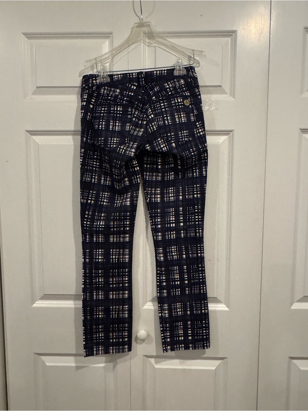 Tory Burch Conner Tab Front Skinny Pants Size 25 Navy Plaid - Picture 9 of 12